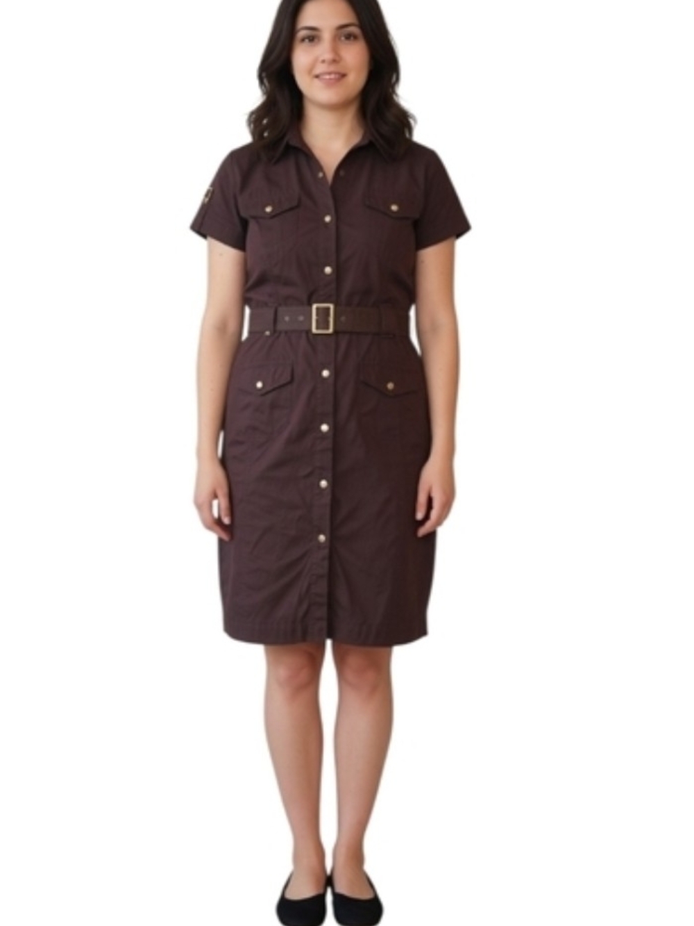 Belted Short-Sleeve Shirt Dress - Brown